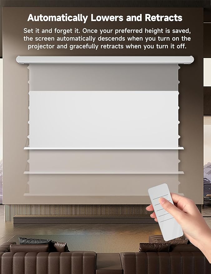 120" PureVision Motorized Projector Screen with Laser Speckle Reduction & Auto-Sync for Long Throw Projectors,Movie Screen 4K/8K UHD Ready,20" Adjustable Drop and Black Backing for Enhanced Contrast
