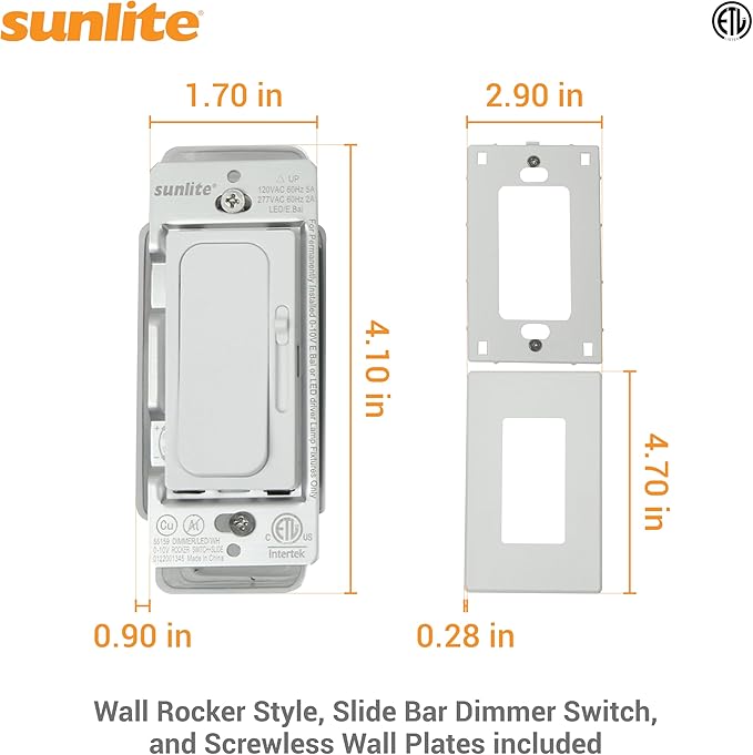 Sunlite LED Wall Rocker Style, Slide Bar Triac Dimmer Switch, Screwless Wall Plates Included, Single Pole or 3-Way Switching, 120 Volts, 200W Max for LED, 600W Max for Incandescent, White, 4 Pack