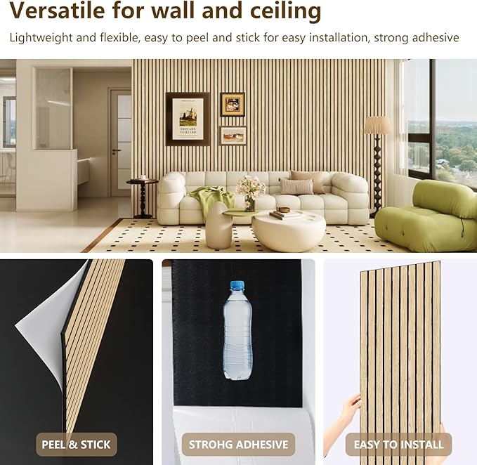 ARMURO Wood Slat Wall Panel 2 PCS - Extra-Long Wood Wall Panels for Soundproof Home & Office, Easy Peel and Stick Acoustic Panels for Noise Cancelling (Oak 11.8"W x 94.5"L)