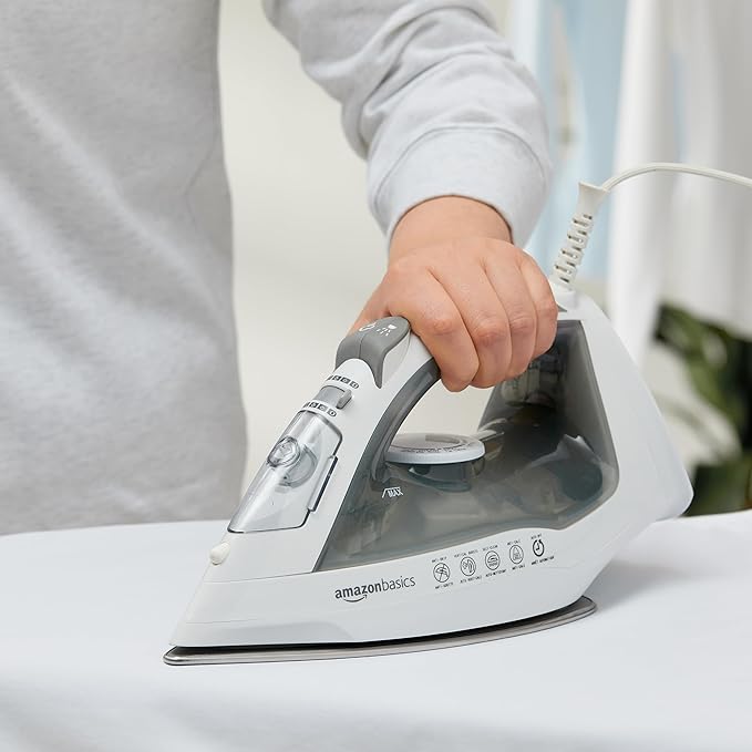 Amazon Basics Steam Iron for Clothes with Safety Auto Shut-Off, Handheld Steamer, Steel Soleplate, 1700-Watt, 1.62ft, Gray