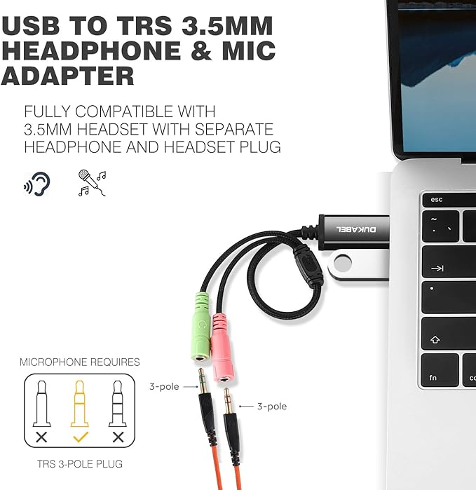 DuKabel USB to 3.5mm Jack TRS AUX Adapter for Built-in Chip Sound Card for Headset with Separate Plug TRS 3 Pole Microphones [Metal Housing & Durable Braided / 9.8inch]