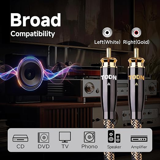 TODN Audiophile RCA Cables HiFi RCA Audio Cable with O-C-C Core, Dual Shielded for Home Stereo System (1.64ft/0.5m, 1 Pair)