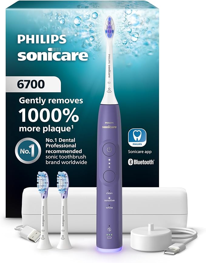 Philips Sonicare 6700 Series Electric Toothbrush - Next-Generation Sonicare Technology, Pressure Sensor, 9 Brushing Settings, SmarTimer, BrushPacer, 21-Day Runtime, Travel Case, Purple, HX7417/04