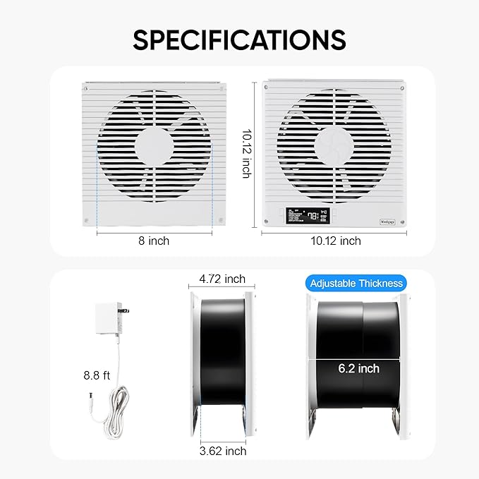 Windigaga 8" Room to Room Fan with Remote, 320CFM Through Wall Air Transfer Fan with Temperature Control, Reversible Airflow Design, 10 Speeds, Quiet Balance Exhaust Vent for Bedroom, Laundry,Kitchen