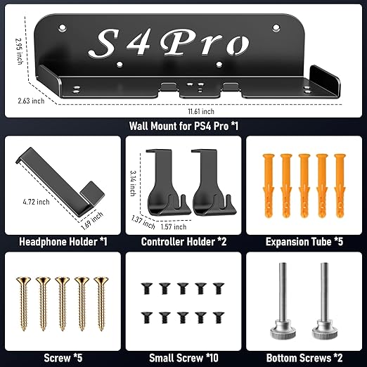 Wall Mount for PS4 Pro with Detachable 2 Controller Holder & Headphone Hanger Metal Wall Mount Stand Kit Mount on The Wall Or on The Back Of The TV, Compatible with PS4 Pro