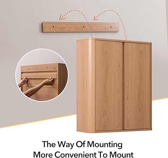 Wall Mounted Storage Cabinet, 2-Door Bathroom Medicine Cabinet with Adjustable Shelves, Modern Wood Hanging Organizer with Rounded Edges for Laundry Room, Kitchen