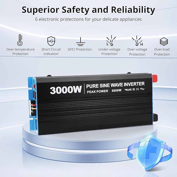 3000W Pure Sine Wave Inverter 1 USB Port 5v/2.4a,LCD Display&Remote Controller for Home, RV, Truck
