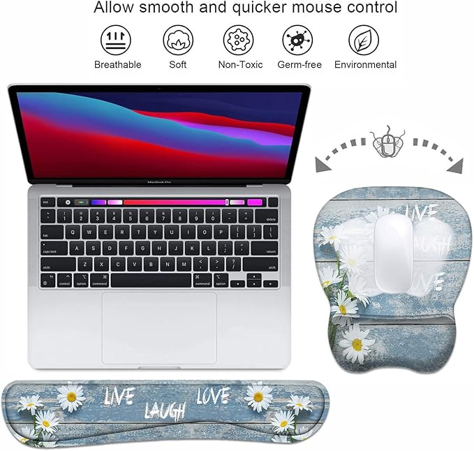 Mouse Pad Wrist Support and Keyboard Wrist Rest Set with Coasters, Dreamy Daisy Vintage Wood Board Live Love Laugh with Non-Slip PU Base Ergonomic Mousepad for Home Office Working Studying