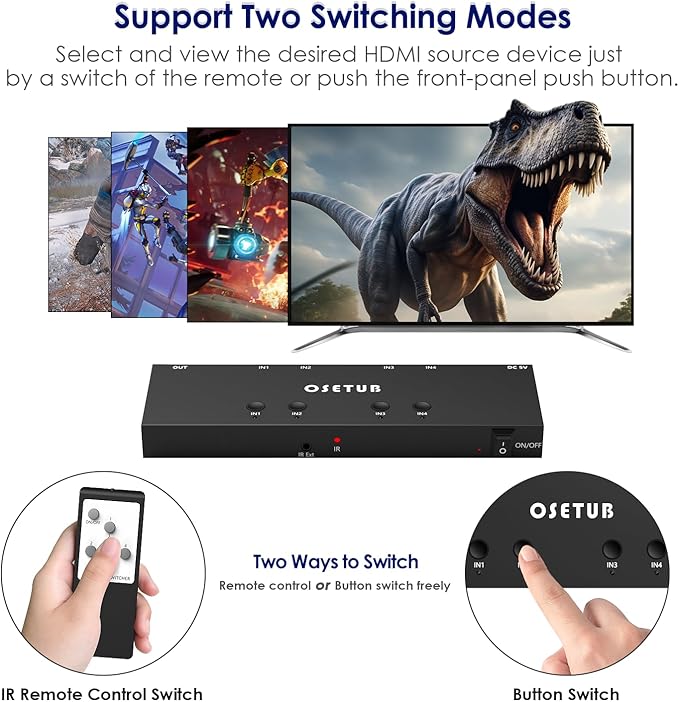 4K@60Hz 4 in 1 Out HDMI Switch, 4 Port HDMI Switcher Selector Support HDR10 & HDCP 2.2 & Full 3D with IR Remote Control Compitable with Nintendo Switch,Xbox PS5/4,Fire Stick,Roku,Apple TV for Gaming
