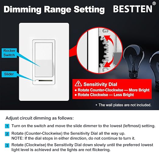 BESTTEN 10 Pack Dimmer Light Switch, Single Pole or 3-Way, Slide Dimmer Switches, Compatible with Dimmable LED, CFL, Incandescent and Halogen Bulb, Neutral Wire Not Required, 120VAC, UL Listed, White