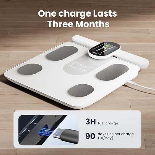 YINOLIFE Smart Scale for Body Weight, 8 Electrode Bathroom Scale for Weight Fat BMI Muscle Mass, 28 Full Body Composition Analyzer, Accurate Weight Scale, Rechargeable, 400 lbs, White