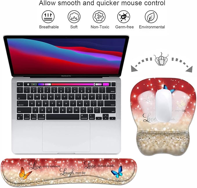 Ergonomic Mouse Pad Wrist Support and Keyboard Wrist Rest Set with Coasters, Non-Slip PU Base, Easy Typing & Pain Relief, Perfect for Home Office Working Studying, Red Glitter Quote Live Laugh Love