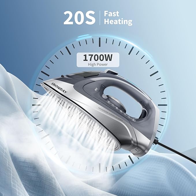 IRONDAY Steam Iron for Clothes Rapid Heating, 1700W Iron Burst of Steam, Non-Stick Ceramic Soleplate, Auto shutoff, Anti-Drip, Self-Cleaning, 10.14oz Water Tank Ironing Clothes for All Fabrics, Grey