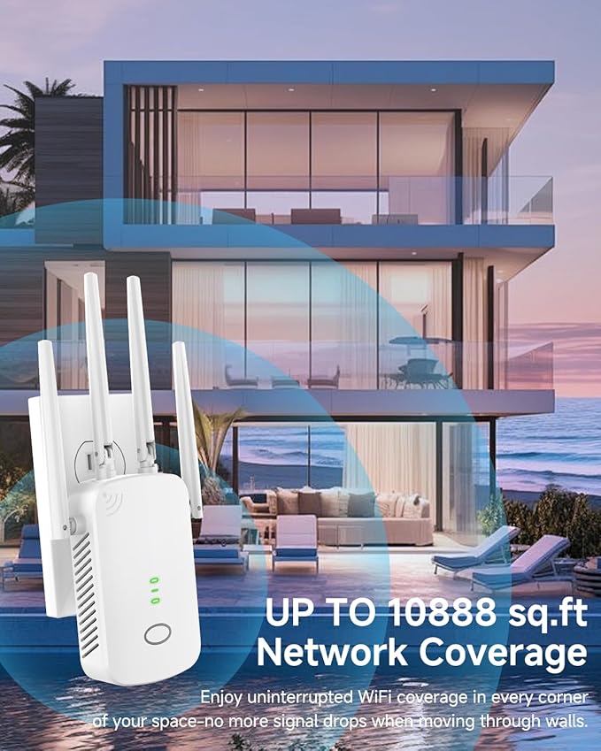WiFi Extender, 2.4G WiFi Extender Signal Booster – 10888 Sq Ft, 80 Devices Supported & 1-Tap Faster Setup