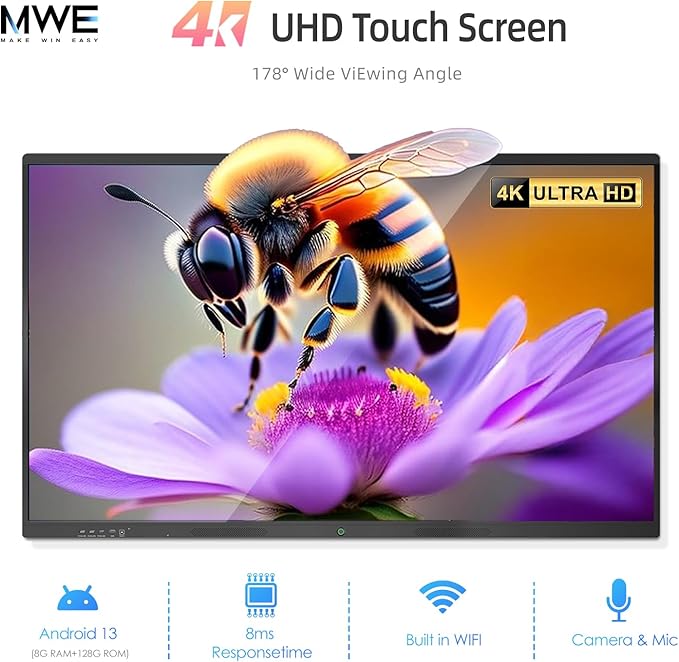QIXZOCV 65" Smart Board, Interactive Whiteboard, 4K Electronic Board, UHD Touchscreen, Android 13, 8+128G, All in One Smartboard for Classroom Office Home (Wall Mount Included)
