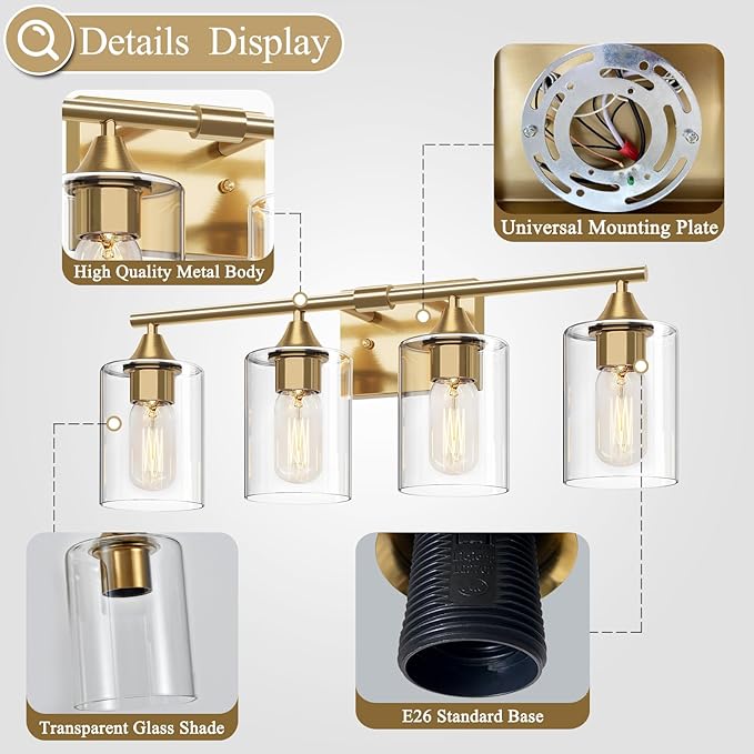 XPEHK Brushed Gold Vanity Light,4 Light Gold Bathroom Light Fixtures,Bathroom Lights Over Mirror with Clear Glass Shade,Modern Wall Lighting for Mirror Bedroom Vanity Hallway