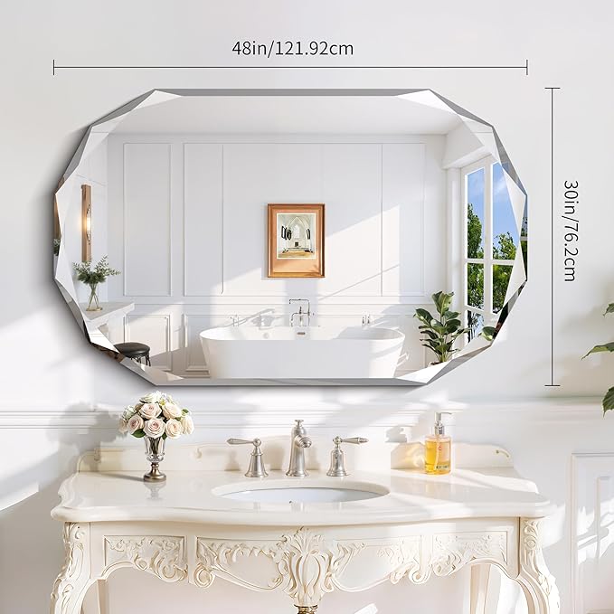 GLASHOM Frameless Bathroom Mirror, 30x48 inch Beveled Bathroom Mirror Wall Mounted, Modern Frameless Mirror for Bathroom, Living Room, Entryway Mirror Horizontal or Vertical