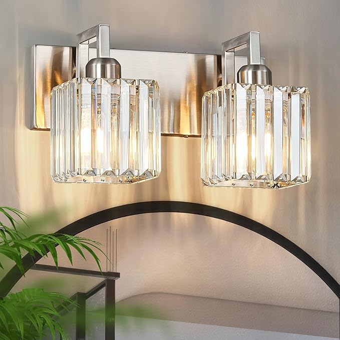 FDPBY Modern Bathroom Vanity Light 2-Lights Brushed Nickel Vanity Light Crystal Wall Light Bathroom Light Fixtures