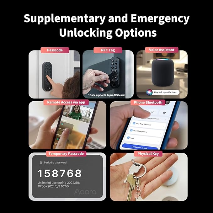 Aqara Smart Lock U200 (Fingerprint Keypad Included), Matter Over Thread, Keyless Entry Door Lock with Apple Home Key and Rechargeable Battery, Supports Apple Home, Alexa and SmartThings, Black