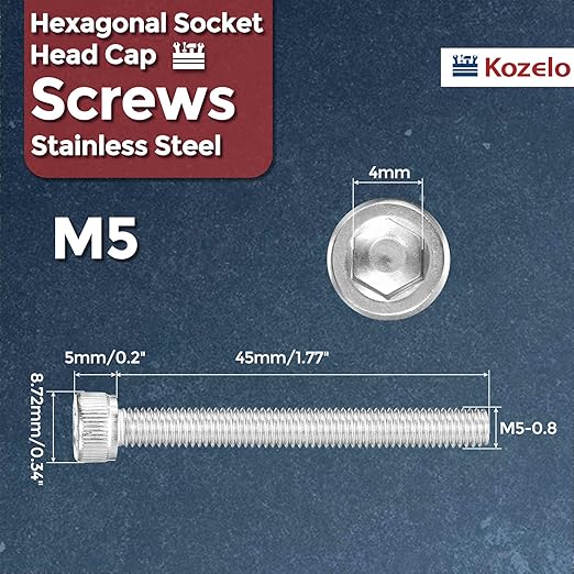 Kozelo 20pcs Socket Head Cap Screws - [M5-0.8 x 45mm] 304 Stainless Steel Allen Socket Drive for Electrical Motor 3D Printing Fan Engine Replacement Use, Silver
