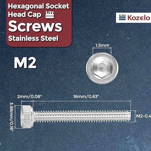 Kozelo 50pcs Socket Head Cap Screws - [M2-0.4 x 16mm] 304 Stainless Steel Allen Socket Drive for Electrical Motor 3D Printing Fan Engine Replacement Use, Silver