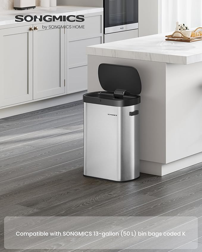SONGMICS Motion Sensor Trash Can, 13-Gallon (50 L) Automatic Garbage Can with Soft Close Lid, Stainless Steel, Wave or Touch to Open, Includes 15 Bags, Metallic Silver and Ink Black ULTB640E01