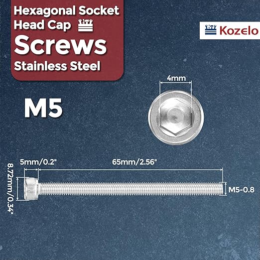 Kozelo 25pcs Socket Head Cap Screws - [M5-0.8 x 65mm] 304 Stainless Steel Allen Socket Drive for Electrical Motor 3D Printing Fan Engine Replacement Use, Silver