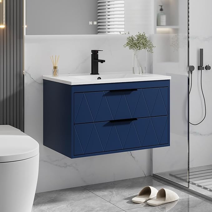 eclife 30" Bathroom Vanities Cabinet with Sink Combo, Wall Mounted Floating Cabinet W/Decor Line, Soft-Close System, 2 Extra Big Drawers, Matte Black Faucet, Navy Blue