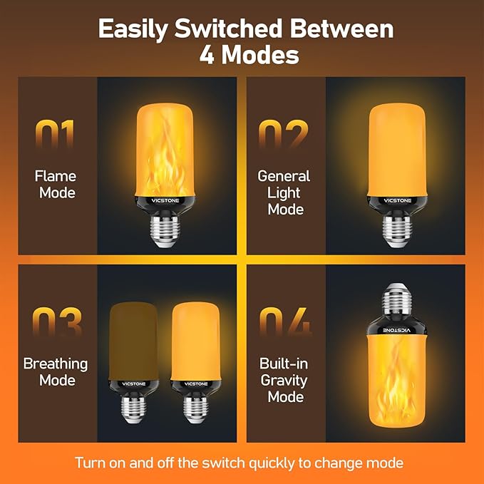 Vicstone Upgraded LED Flame Light Bulbs Christmas Decorations, 4-Mode Flickering Light Bulbs with Upside Down Effect, E26 27 Fire Light Bulb for Porch Party Patio Home Halloween Indoor Outdoor, 4 Pack