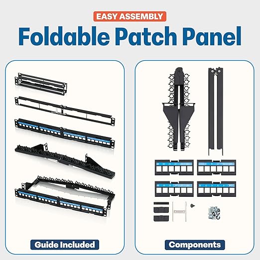 Everest 24 Port Keystone Patch Panel (1-Pack) - Removable 6-Port Panels - Use with Slim Profile Keystones ONLY (Wider Jacks May not fit Side by Side) - with Adjustable Rear Cable Management Bar