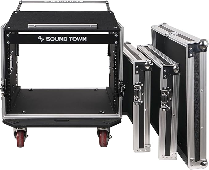 Sound Town High-Quality 1/2” (12mm) Plywood 8U PA DJ Pro Audio Rack/Road ATA Case with 11U Slant Mixer Top, Locking Drawer, 20.2’’ Rackable Depth and Casters (STMR-8D2)