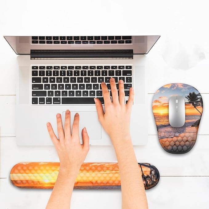 Hasinart Ergonomic Mouse Pad and Keyboard Wrist Rest with Massage Design, Space-Saving Mouse Pad Wrist Support, Memory Foam Wrist Rest with Non-Slip PU Base for Computer Desk, Beach