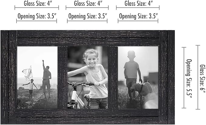 Americanflat Hinged 4x6 Triple Picture Frame with 3 Photo Openings and Polished Glass - Distressed Wood Collage Picture Frames for Tabletop and Wall Display - Hampton Collection - Charcoal Black