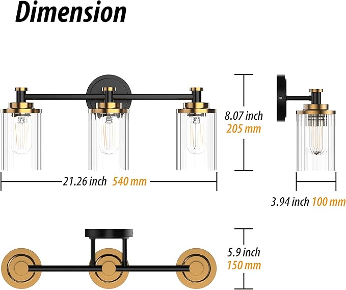 PHIXART Bathroom Lighting Fixtures Black and Gold Bathroom Vanity Light with Cylindrical Clear Stripes Glass Lampshade E26 Socket Base Bathroom Lighting Fixtures Over Mirror (3 Lights)
