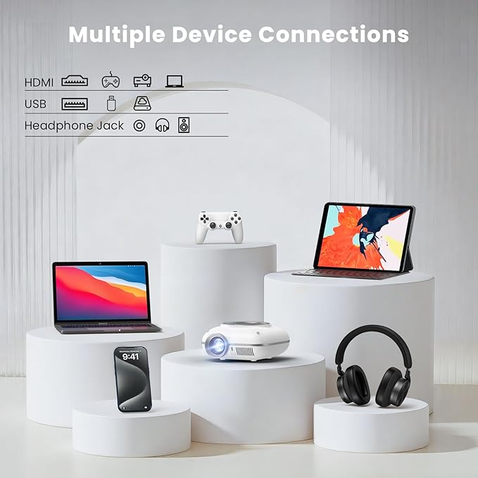 HOMPOW Mini Projector with Two -Way Bluetooth, Portable Projector for Home Theater Use, Support 1080P for Outdoor Projector/Movie Projector Compatible with HDMI, USB, Laptop, TV Stick (White)