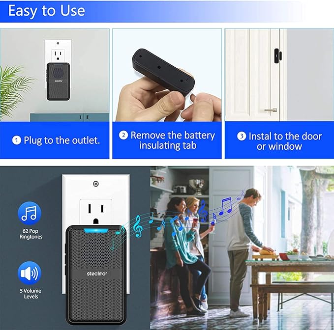 Stechro Door Chime, Wireless Door Alarm Sensor with 600ft Range, 62 Chimes 5 Adjustable Volumes for Business/Home/Office/Stores (2 Sensors+2 Receivers)