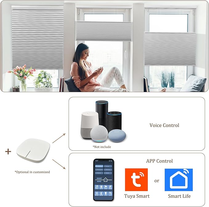 LEXEN Smart Top Down Bottom Up Honeycomb Shades - WiFi Enabled Motorized Cellular Blinds Compatible with Alexa/Google Home Double Cellular Fabric Light Filtering Insulated Custom Sizes-Grey