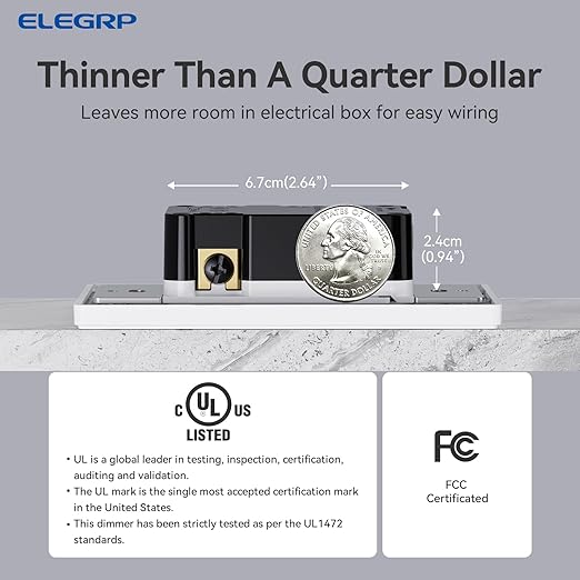 ELEGRP Dimmer Light Switch for 300W Dimmable LED/CFL Lights and 600W INC/HAL Bulbs, Slide Dimmer Light Switch, Wall Plate Included, UL Listed, 10 Pack, White