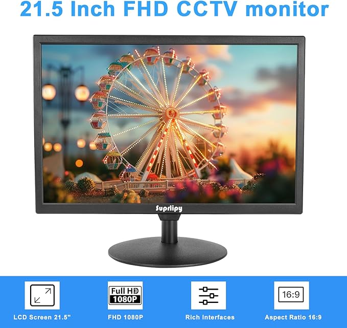 Suprlipy 21.5" FHD Mini LCD Monitor Display Screen 1920x1080 60Hz 16:9 BNC VGA HDMI AV with USB Input Built-in Loudspeaker for CCTV Security Camera DVR PC Game Console