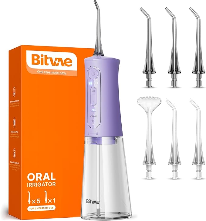 Bitvae Water Dental Flosser Teeth Pick, Portable Water Teeth Cleaner Picks, IPX7 Waterproof Oral Irrigator, 3 Modes 5 Intensities, USB Rechargeable Water Dental Picks for Cleaning - Lavender