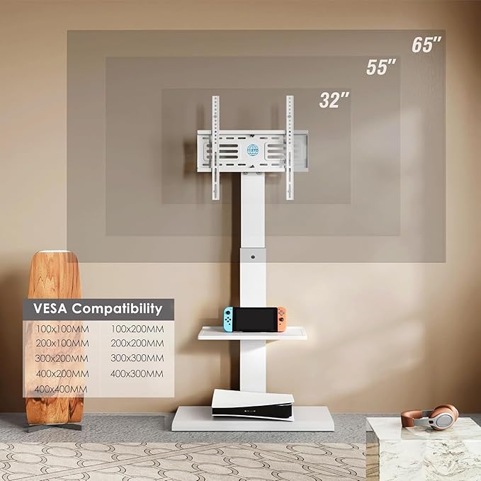 FITUEYES Floor TV Stand with Mount for 32-55 65 Inch TV, Height Adjustable TV Floor Stand with Metal Shelf up to 88lbs, Swivel Tall TV Stand with Study Iron Base for Living Room, Bedroom