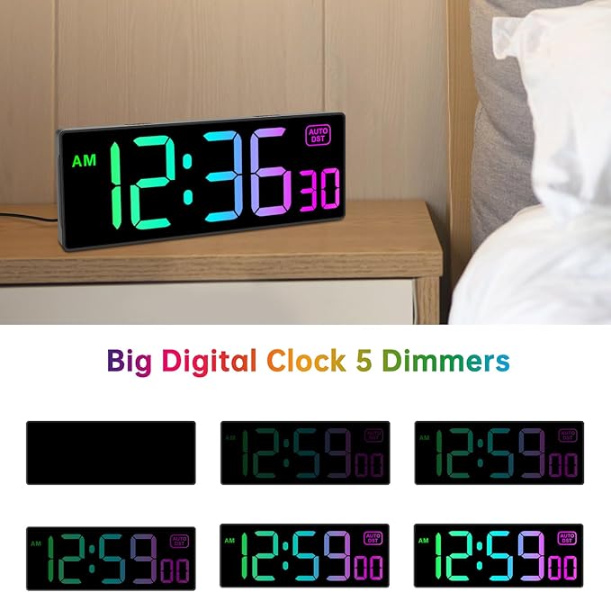 Soobest Digital Wall Clock with Remote Countdown Electrical Timer Seconds for Gym Living Room Office Classroom, 8 RGB Colors, Auto DST, Corded Plug in Large Display 5 Dimmer (10.2" Multicolor)