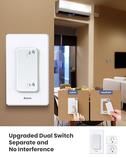 Zoiinet 2-Gang Remote Control Outlet Plug Switches, Upgrade Dual Switch Design, Removable Double Wireless Light Switches, No Wiring No WiFi, 300 ft, 15A/1500W, Expandable, for Household Appliances