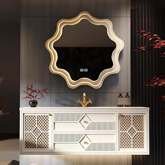 68IN Luxury Floating Bathroom Vanity - Single Sink Bathroom Vanities has Smart Defog Mirror & Slate Countertop | Woven Rattan Perforated Door Panel, LED Lights, 2 Drawers (Style B)