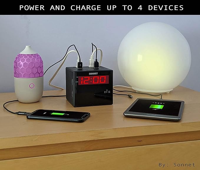 Sonnet Alarm Clock Charging Station, AM FM Radio, Dual USB Charging Ports, Dual AC Outlets, Very Loud Alarm Clock for Heavy Sleepers and The Hearing Impaired for Desk, Bedroom