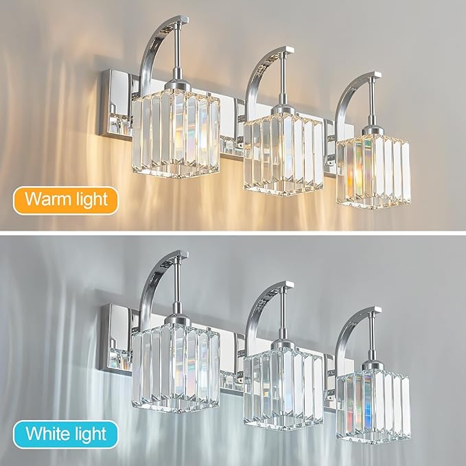 FDPBY Crystal Vanity Lights 3-Light Chrome Bathroom Vanity Lights Modern Crystal Bathroom Light Fixtures Over Mirror 23.62" Long Vanity Light for Bathroom