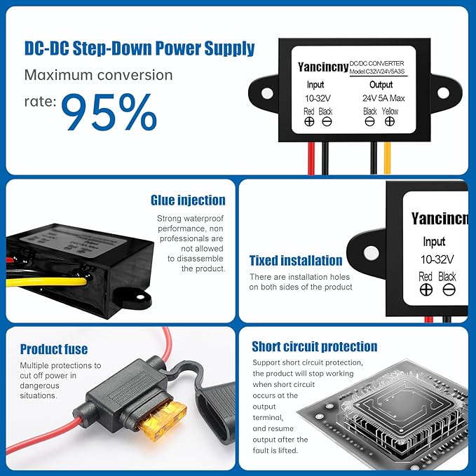 Yancincny Voltage Stabilizer 10-32V to 24V 5A, dc 12V to 24V 120W Waterproof DC DC Converter with Over Current/Temperature Protection & Fuse, for 24V Lighting, CCTV Camera, Car Truck
