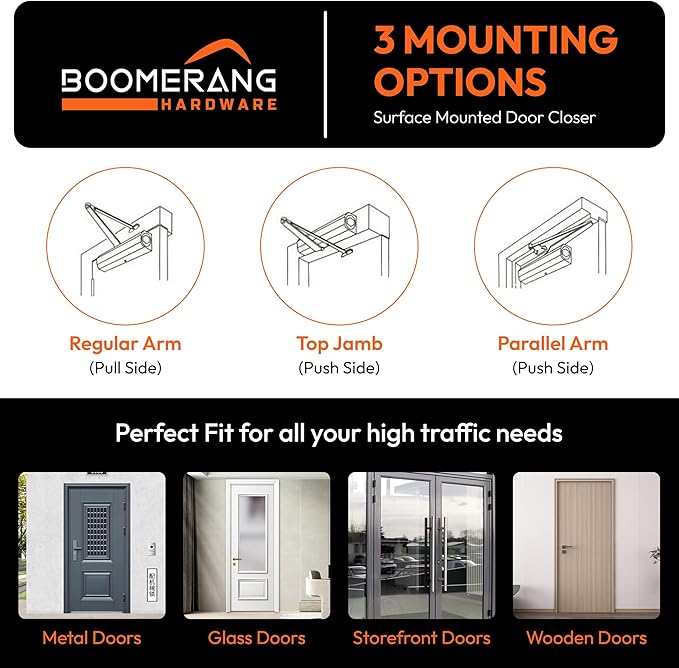 Boomerang Medium Duty Automatic Commercial Door Closer - D703 Hydraulic UL 3 hr. Fire Rated Closer, Surface-Mounted Size 3 for Home & Light Commercial Doors, Matte Black (US19)
