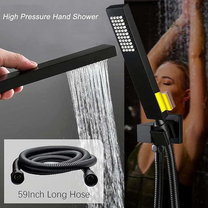 KATAIS Matte Black Shower System Digital Tempreature Display Thermostatic Shower Faucet Set with 12 inch Ceiling Mount and 8 inch Wall Mount Shower Head, with 6 PCS Body Jet and Handheld Spray