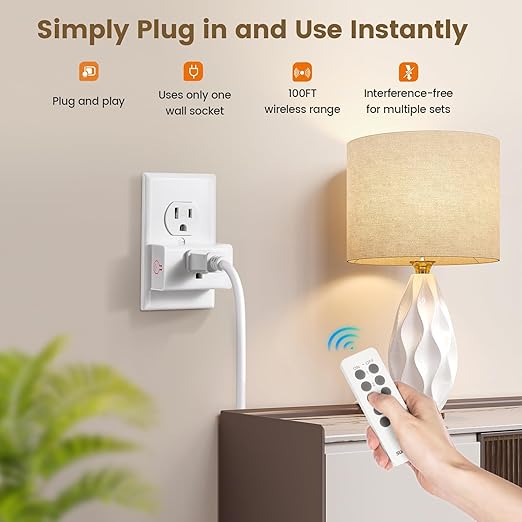 SURAIELEC Remote Control Outlet, Wireless Light Switch - 5 Outlets + 2 Remotes, 15 AMP, 100FT Range, No Interference, Remote Light Switch Kit for Lamp, Fan, Christmas Tree Light, Household Appliance